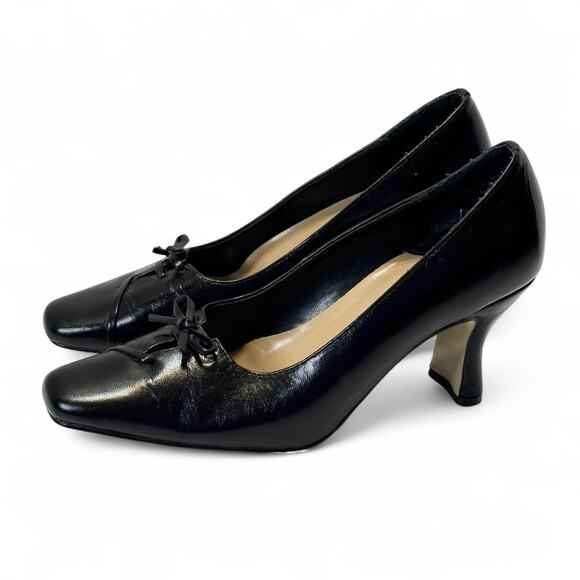 Ann Kristal Black Leather Pumps 5.5M Bow Square Toe Block Heel Y2K Eulalia - Picture 6 of 10